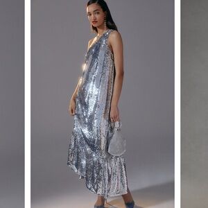 Maeve one shoulder silver sequin midi dress anthropologie